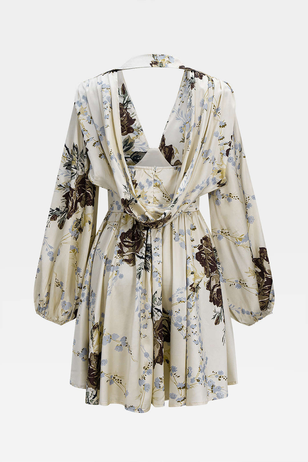 Krem Kusursuz Çiçekli Desenli Saten Büzgülü Elbise