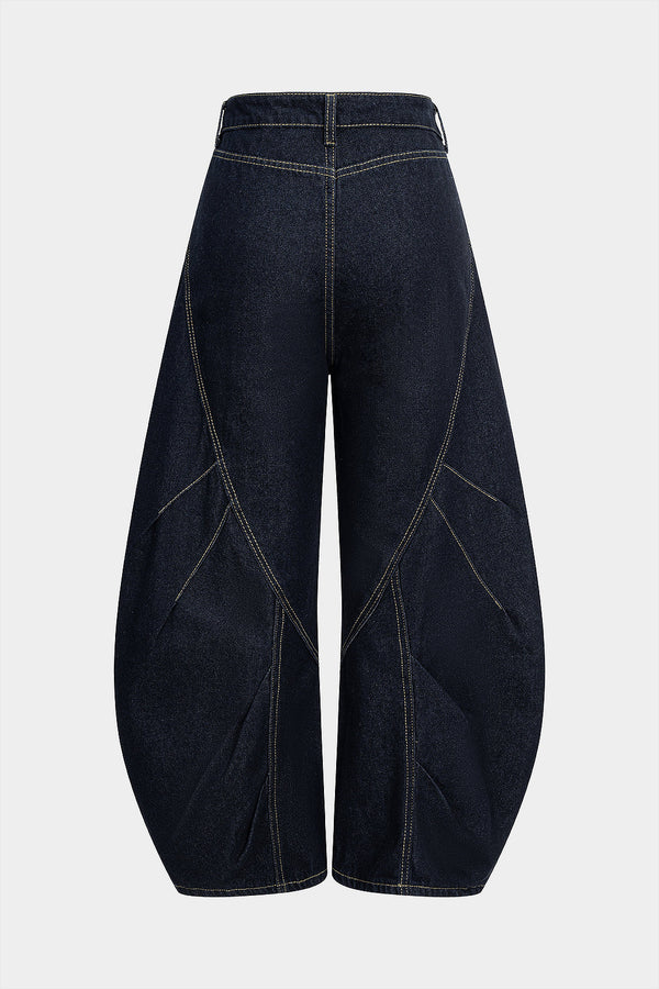düğmeli denim barrel pantolon