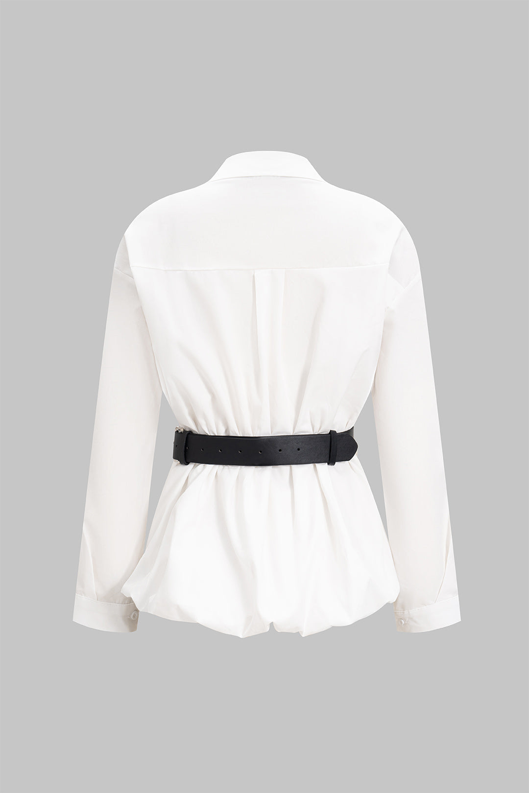 Büzgülü Kemerli Polo Yaka Uzun Kollu Şık Günlük Gömlek