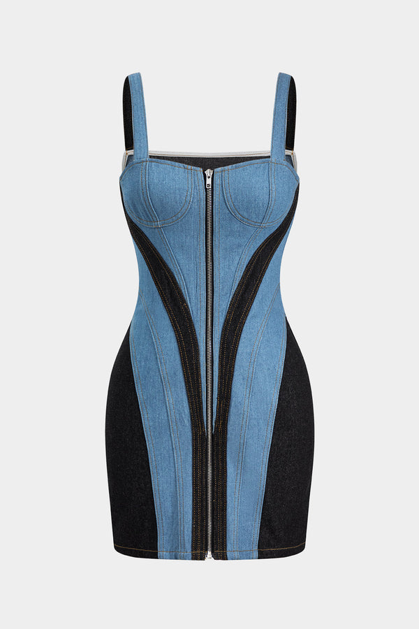 denim fermuarlı bustiyer elbise