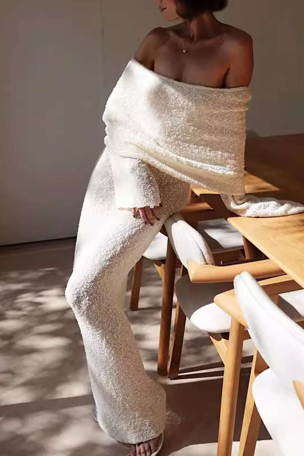 Siyah Omuz Dekolteli Açık Örgü Maxi Elbise