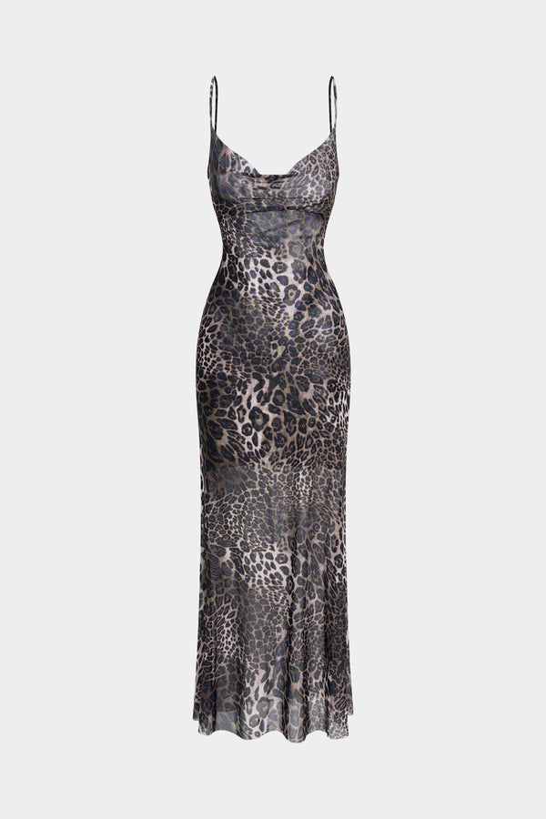 leopar desenli askılı elbise