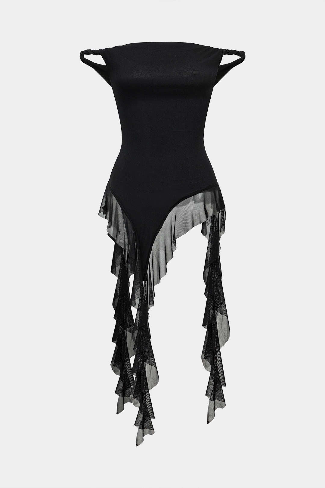 Ağ Mesh Volanlı Asimetrik Sıfır Kol Bluz