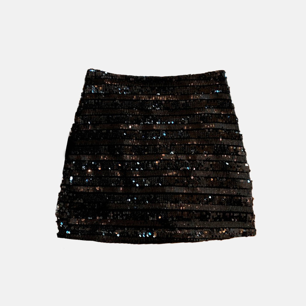 Fran Çizgili Pul Payet Mini Etek