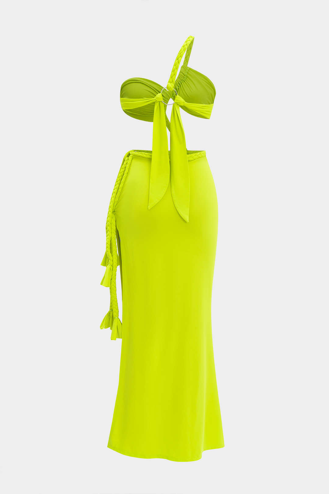 Kırışık Kesik Düğüm Bağlama Yırtmaçlı Maxi Elbise