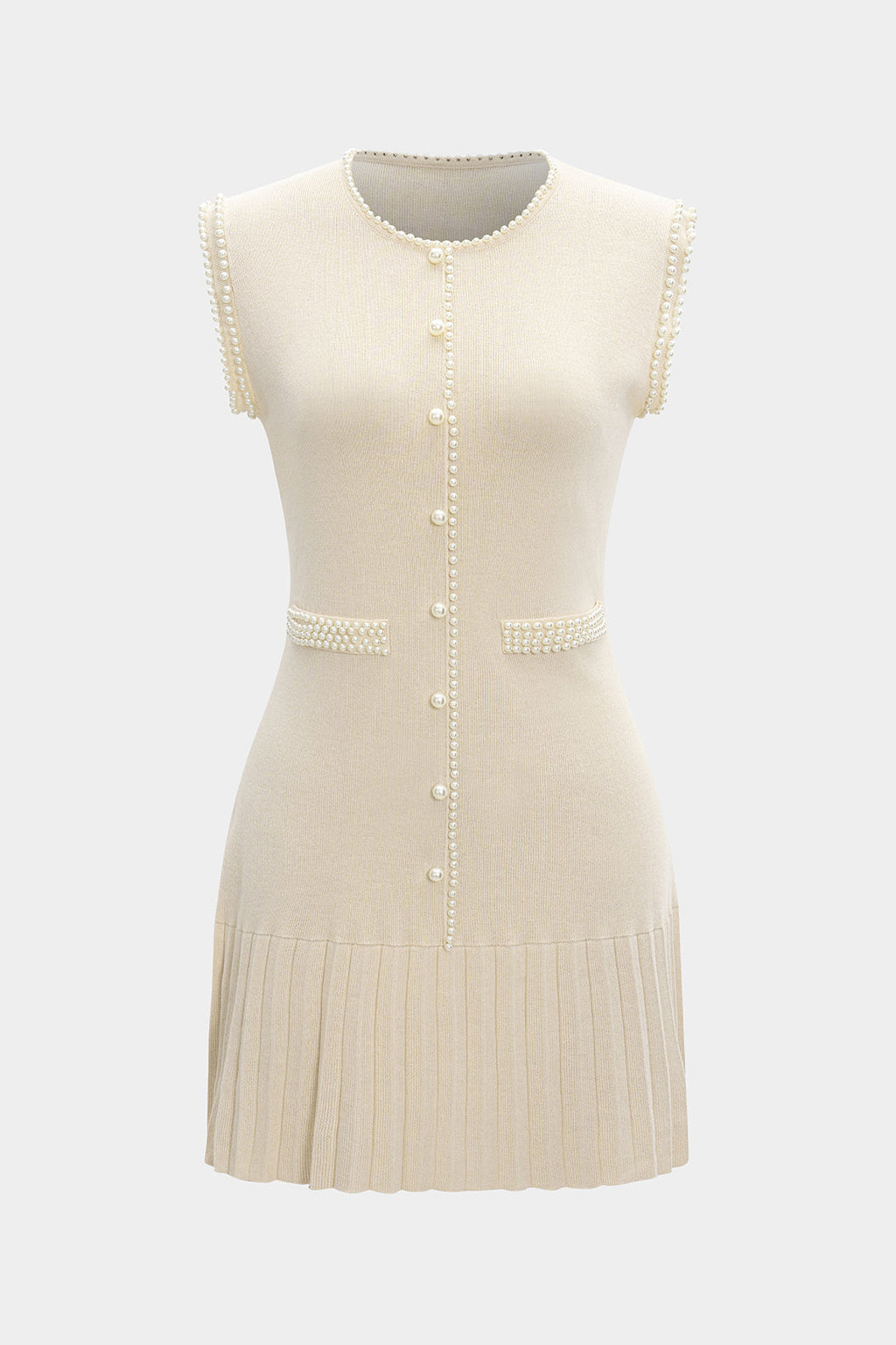 Krem Parıltılı İnci Detaylı Yumuşacık Triko Elbise