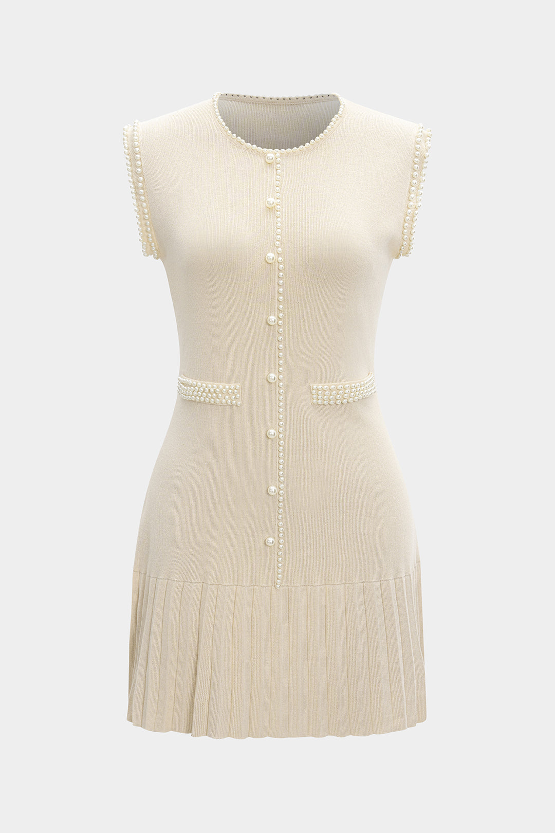 Krem Parıltılı İnci Detaylı Yumuşacık Triko Elbise