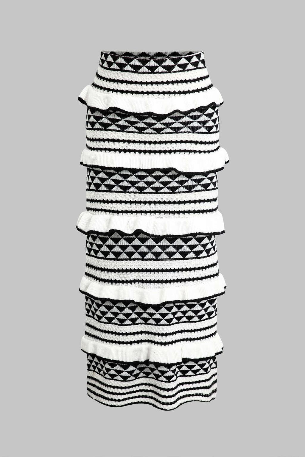 Çizgili Korse Sütyen Üstü ve Katmanlı Ruffle Örgü Midi Etek Seti