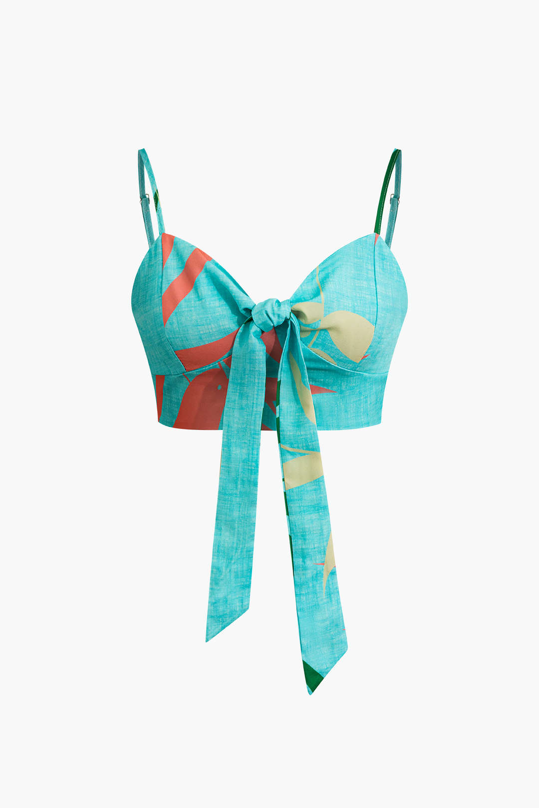 Bambu Yaprağı Desenli Bağlamalı Spagetti Askılı Üst Ve Pantolon Seti