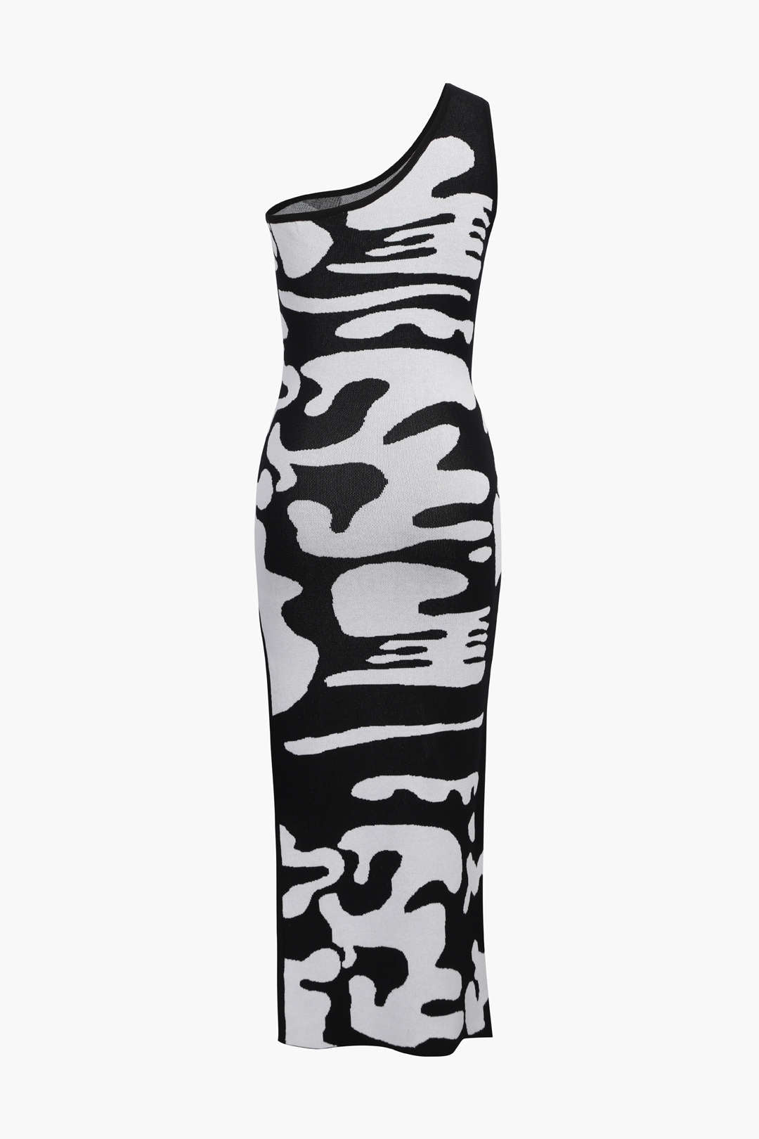 Renk Bloklu Tek Omuz Yırtmaçlı Örgü Elbise