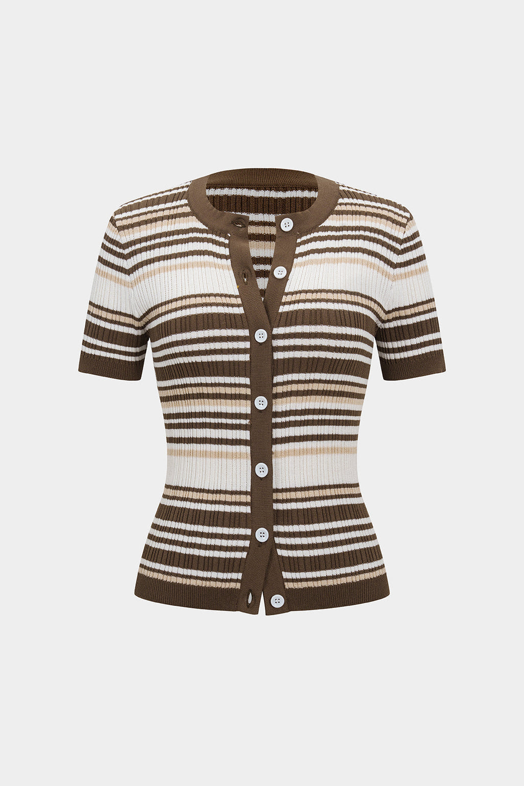 Örgü Kontrast Şeritli Düğmeli Kısa Kollu Kadın Üst Tunik