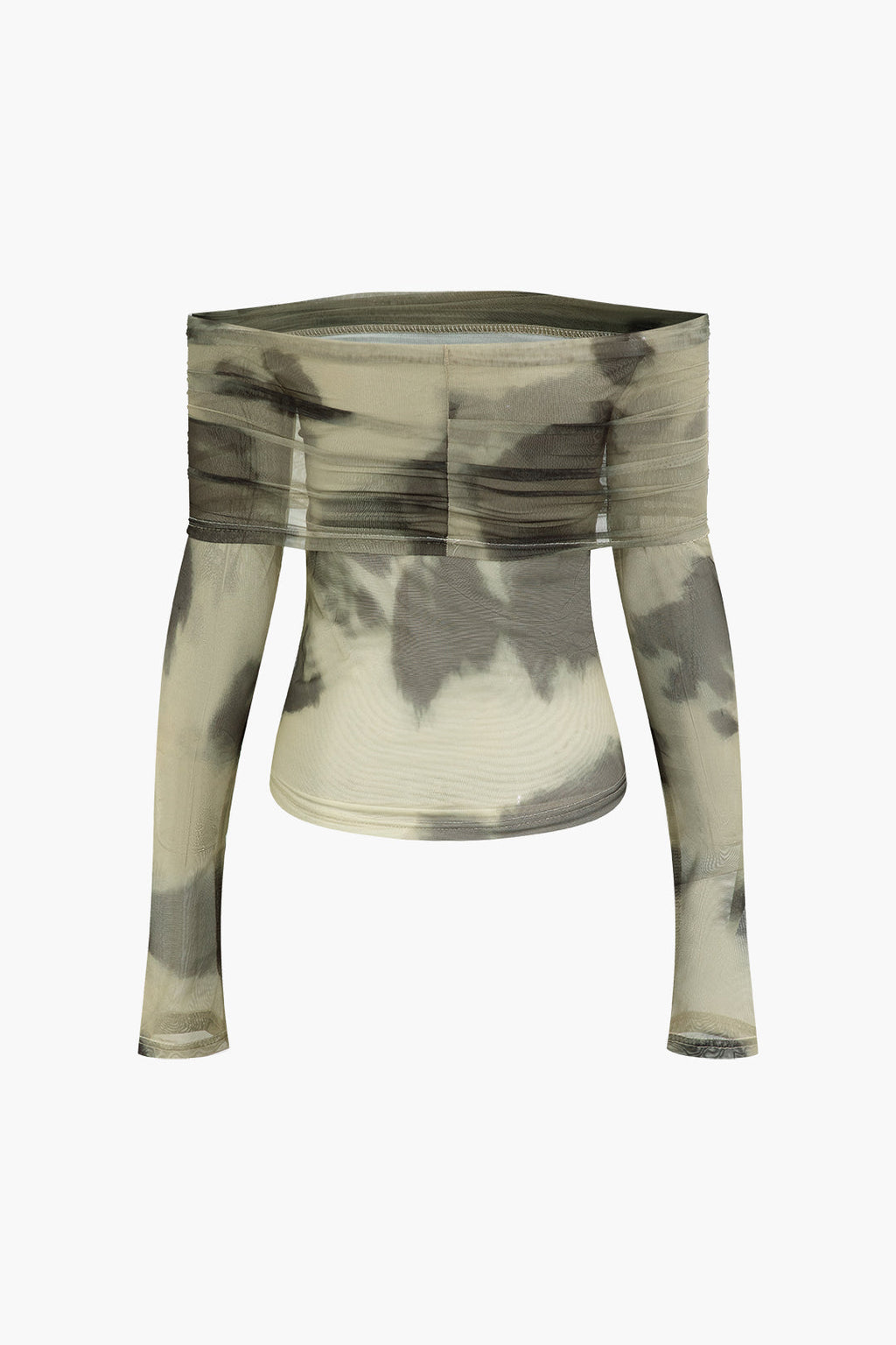 Ağ Dokulu Renk Blok Baskılı Omuzları Açık Uzun Kollu Üst