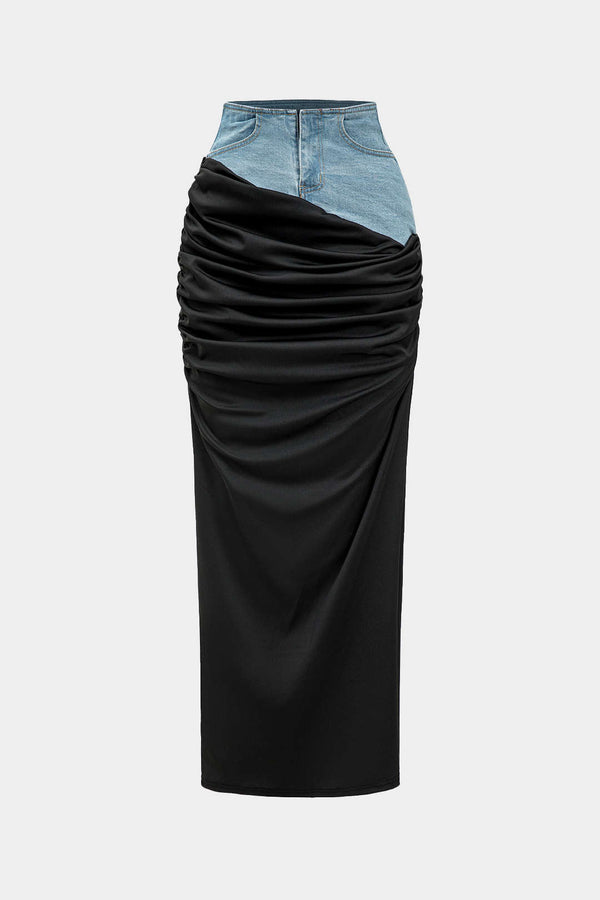 denim detaylı kırışık fermuarlı etek