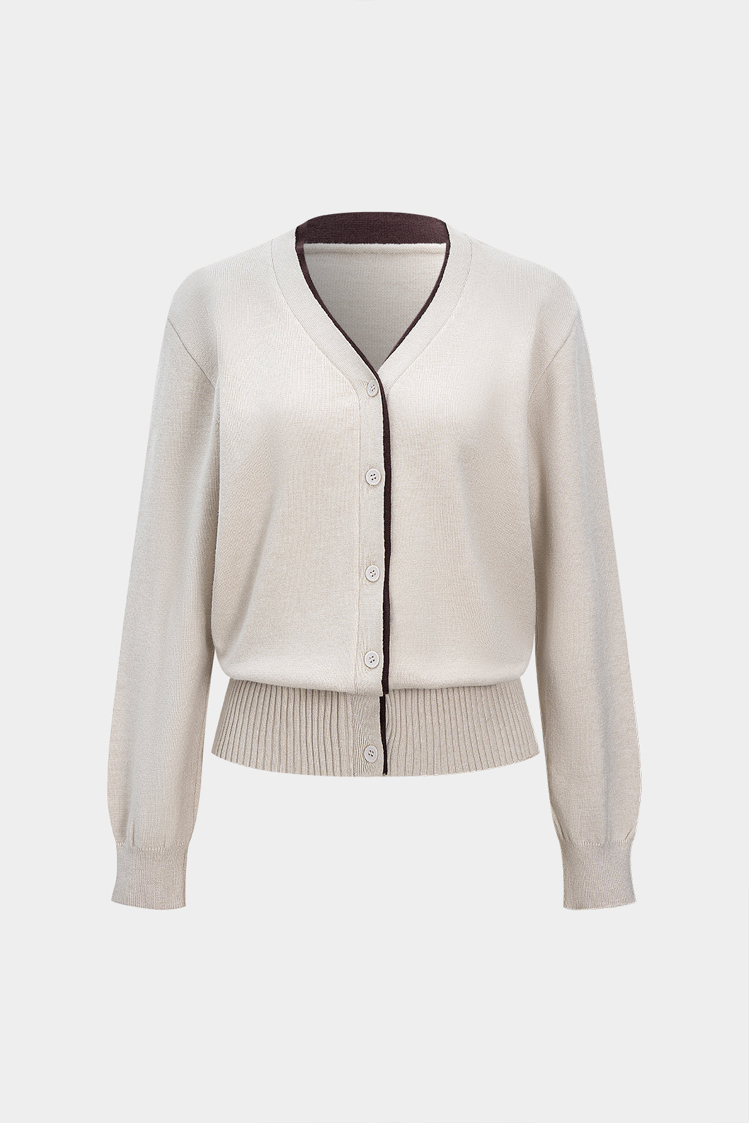 Örgü Kontrast Düğmeli V Yaka Uzun Kollu Kadın Şık Üst