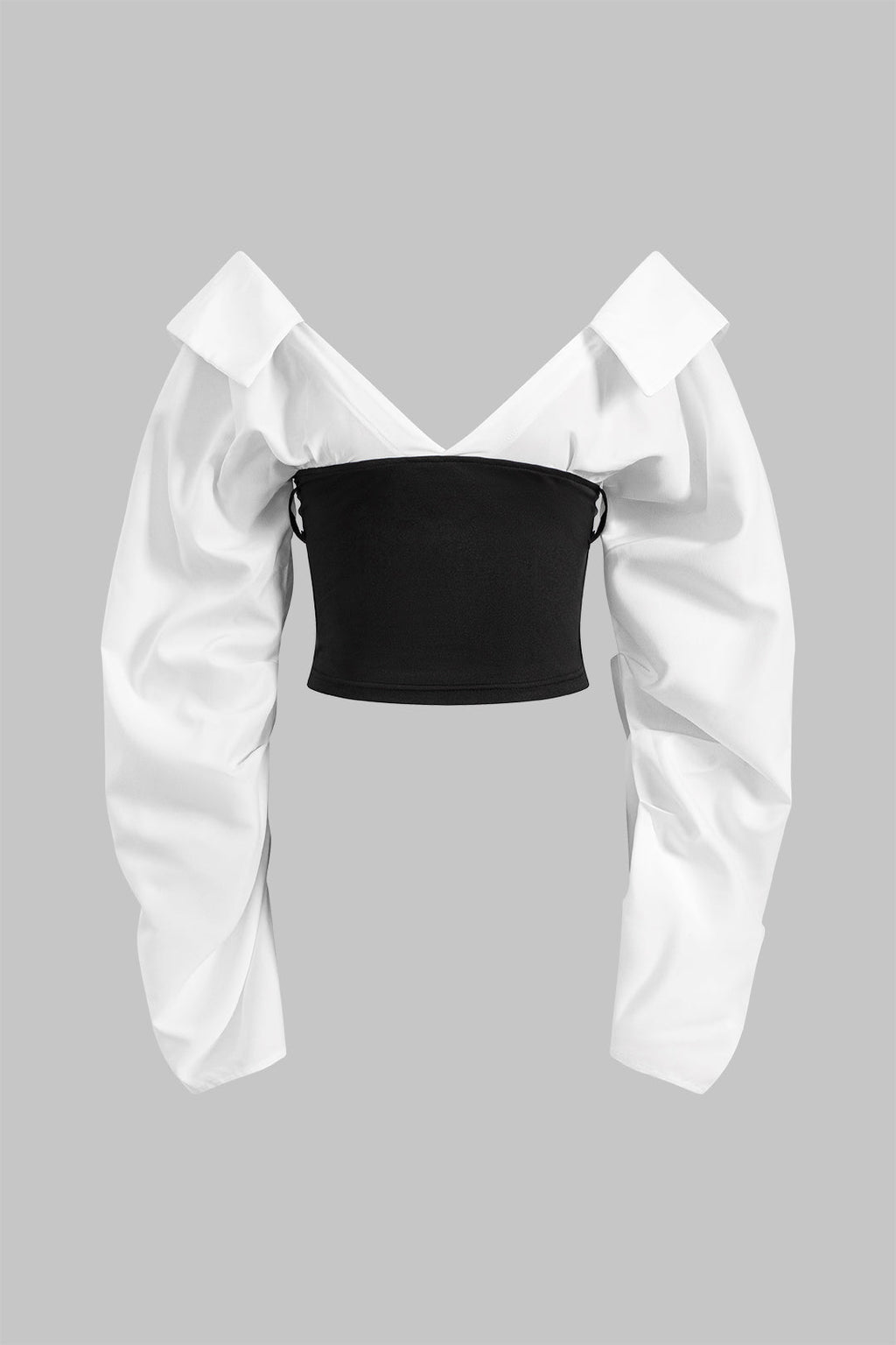 Büzgülü V Yaka Patchwork Uzun Kollu Üst Şık Günlük Model