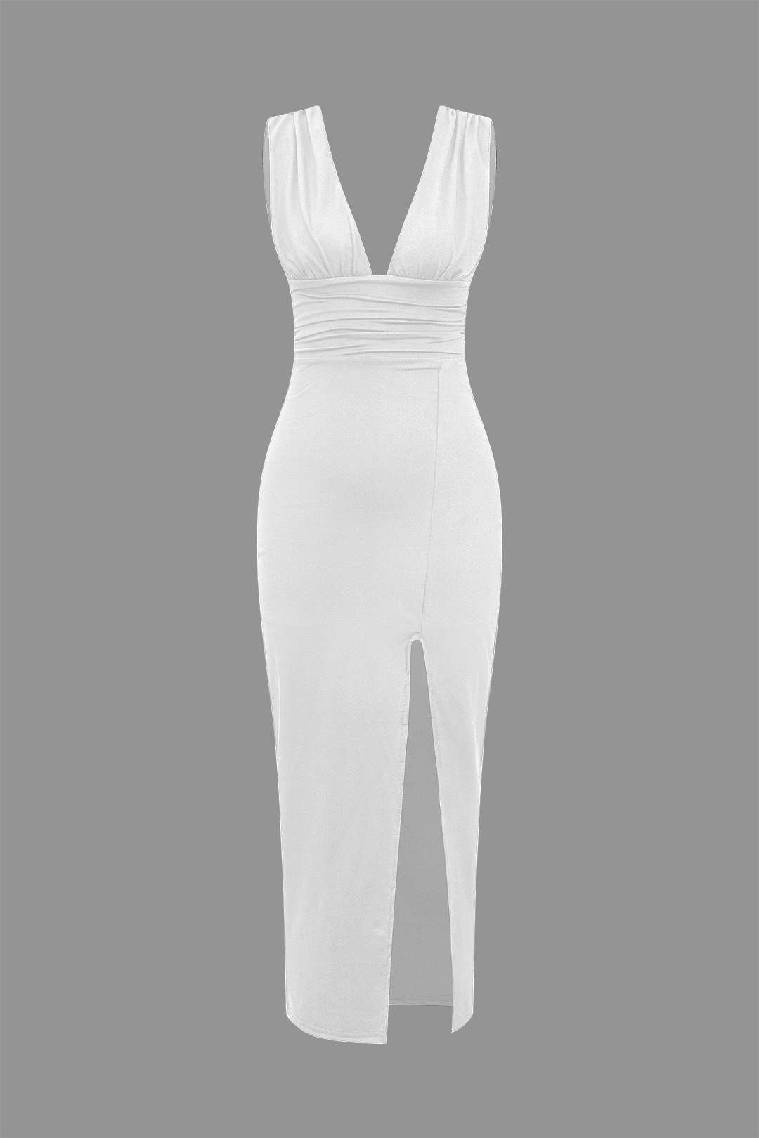 Siyah Sırtı Açık Büzgülü Yırtmaçlı Polyester Elbise