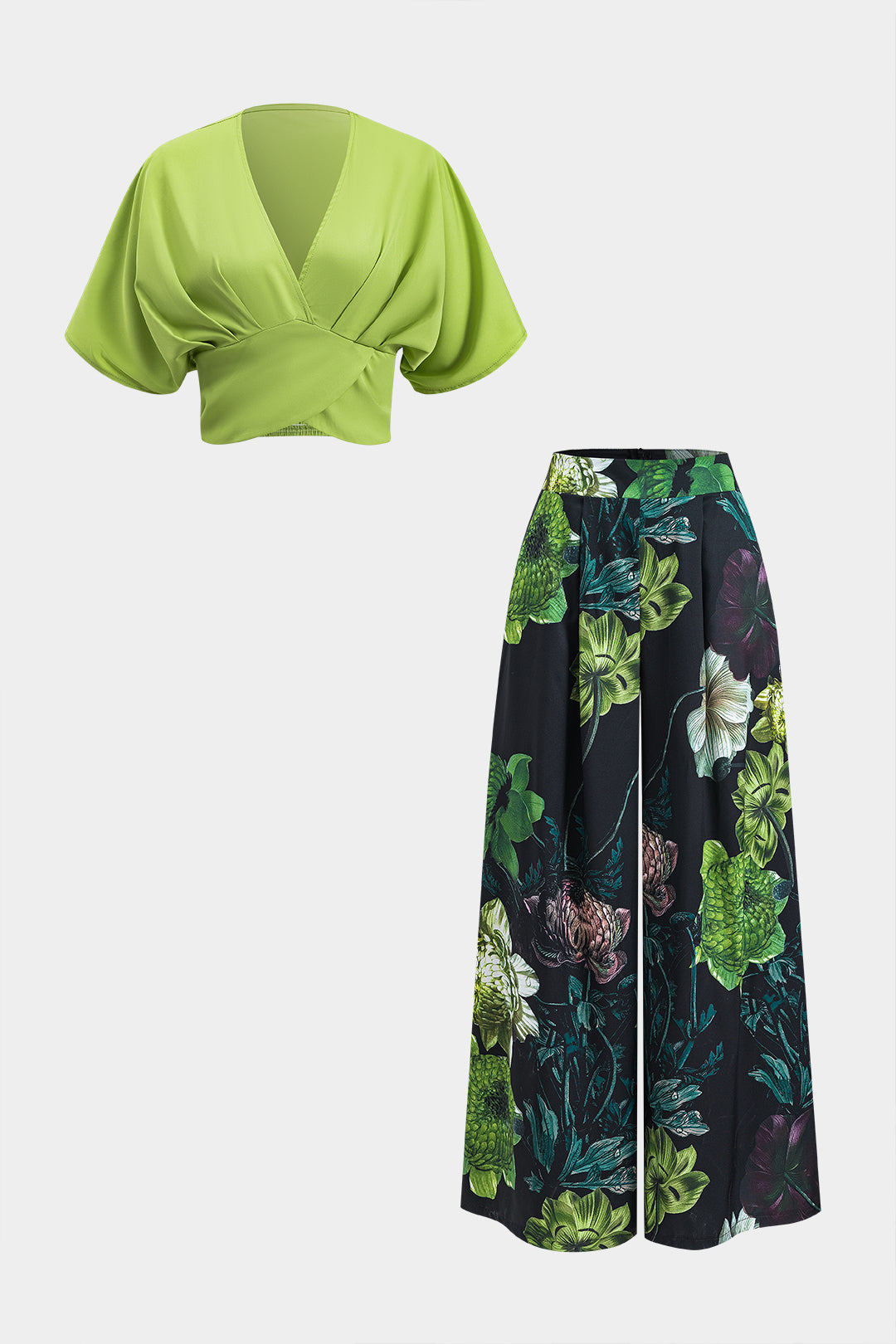 Büzgülü Kısa Kollu Üst ve Çiçek Desenli Fermuarlı Geniş Paçalı Pantolon Seti