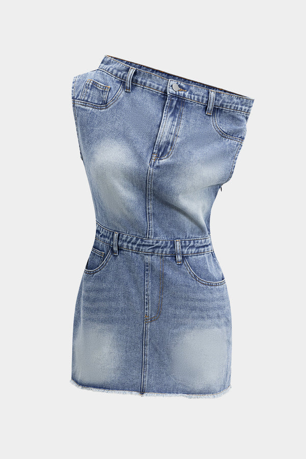 denim asimetrik yaka mini elbise