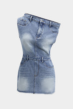 denim asimetrik yaka mini elbise