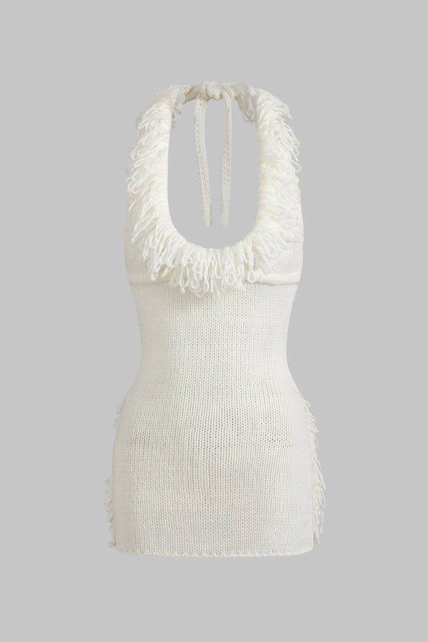 örgü püskül yaka elbise