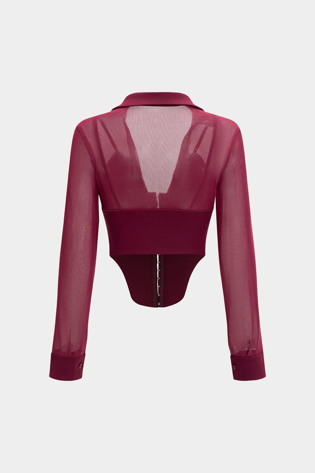 Ağ Dokulu Gözenekli Düğmeli Korseli Uzun Kollu Bluz