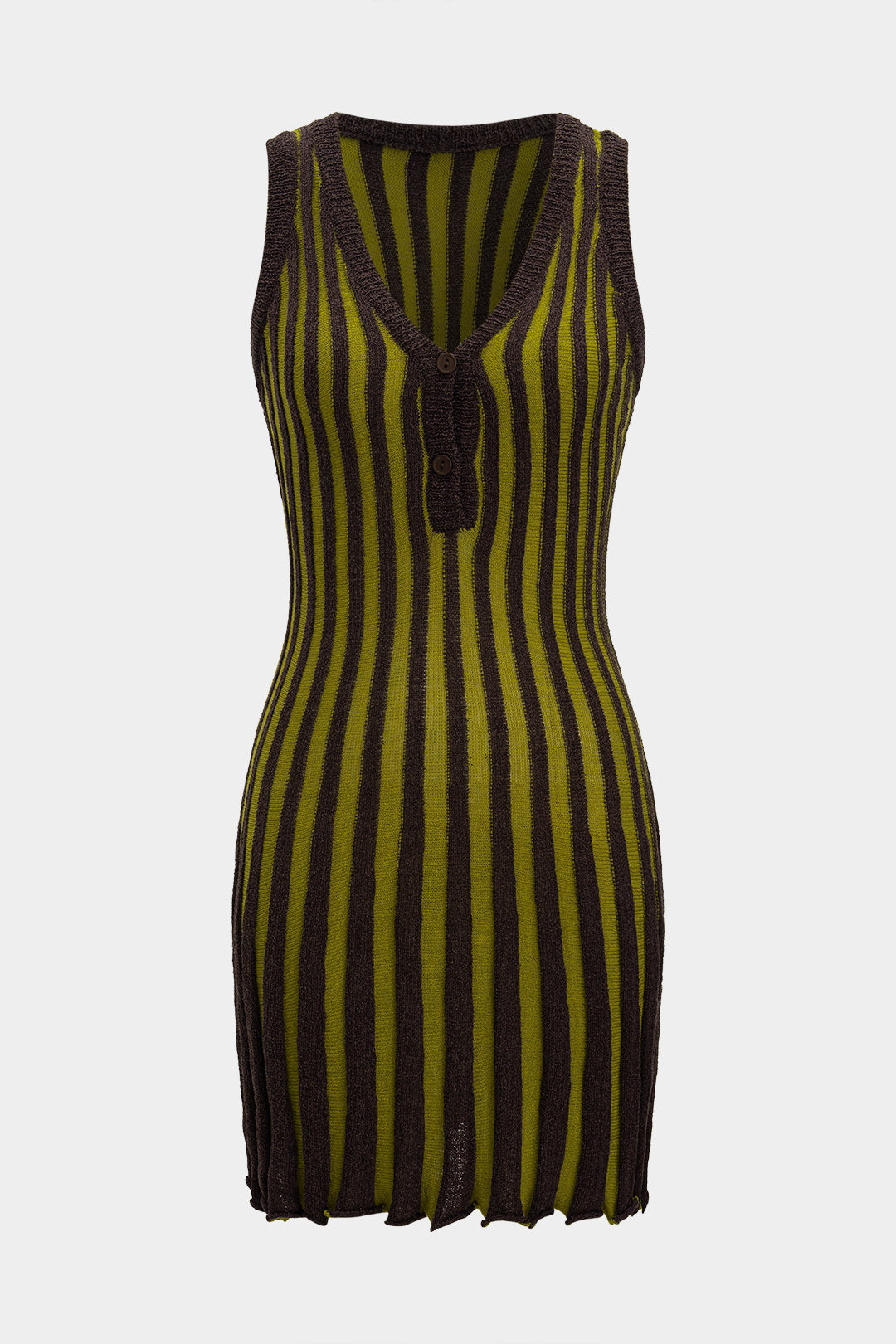 Örgü Kontrast V Yaka Düğmeli Kolsuz Elbise