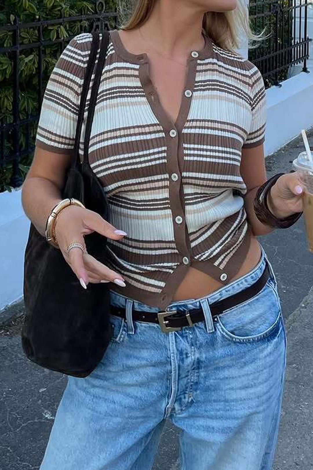 Örgü Kontrast Şeritli Düğmeli Kısa Kollu Kadın Üst Tunik