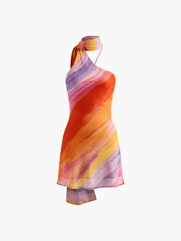 halter sırt dekolteli batik kısa elbise