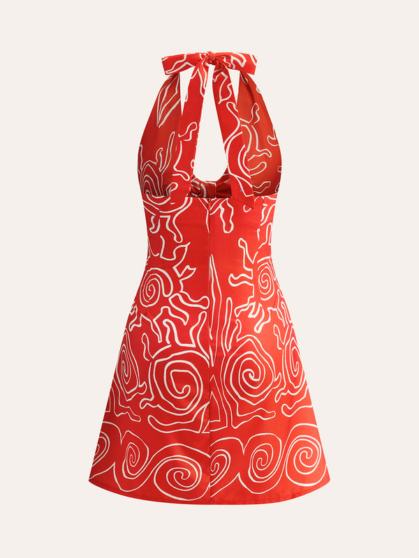 halter bağlama baskılı elbise