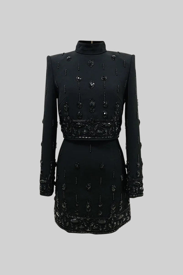 parlak süslemeli mini etekli set