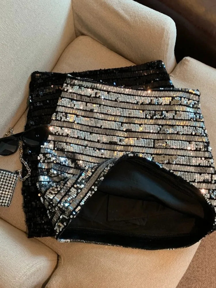 Fran Çizgili Pul Payet Mini Etek