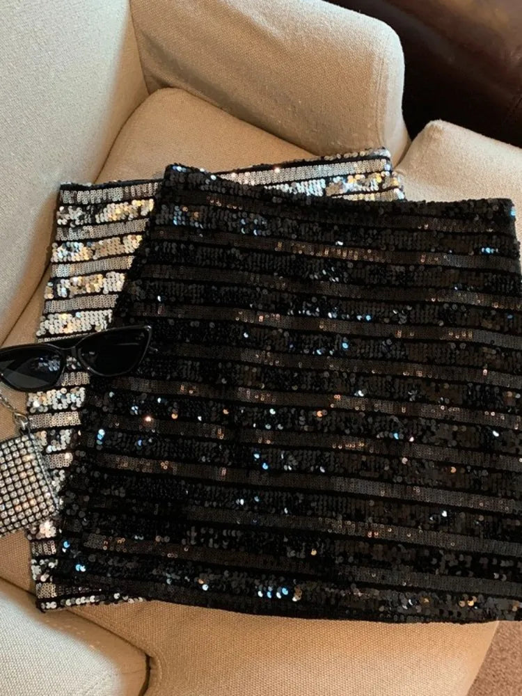 Fran Çizgili Pul Payet Mini Etek