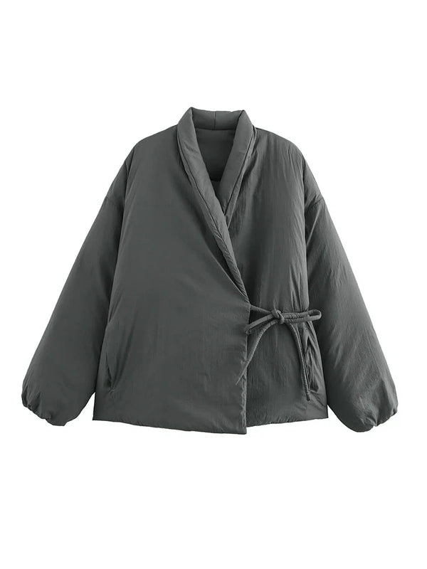 kușak detaylı kimono şişme mont