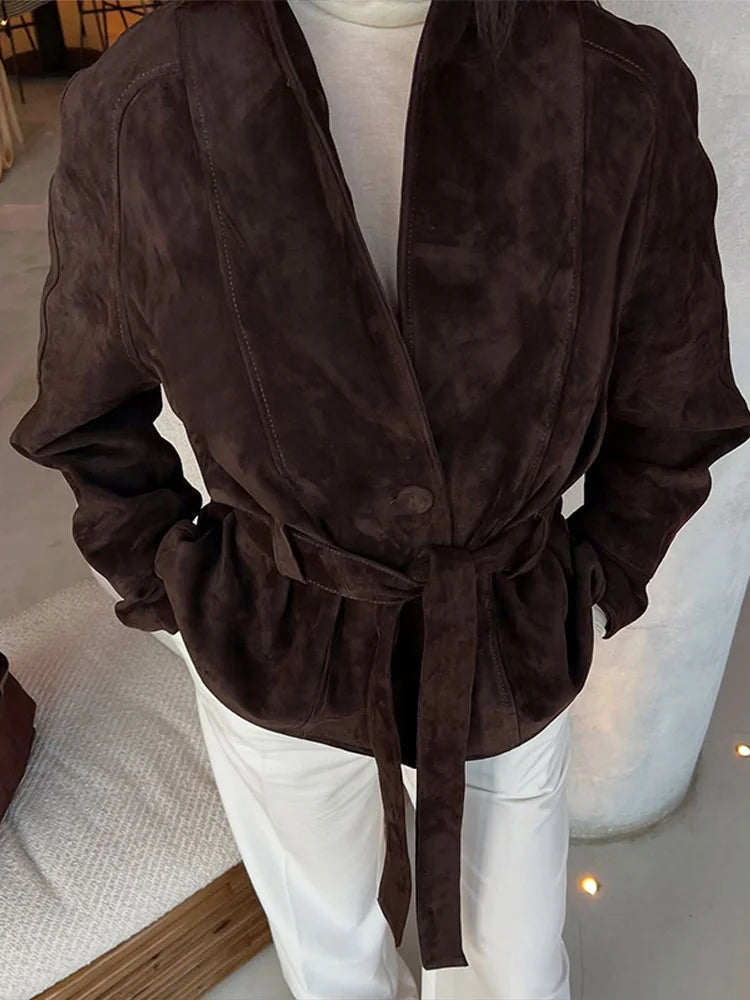 Kemerli Süet Görünümlü Kadın Ceket