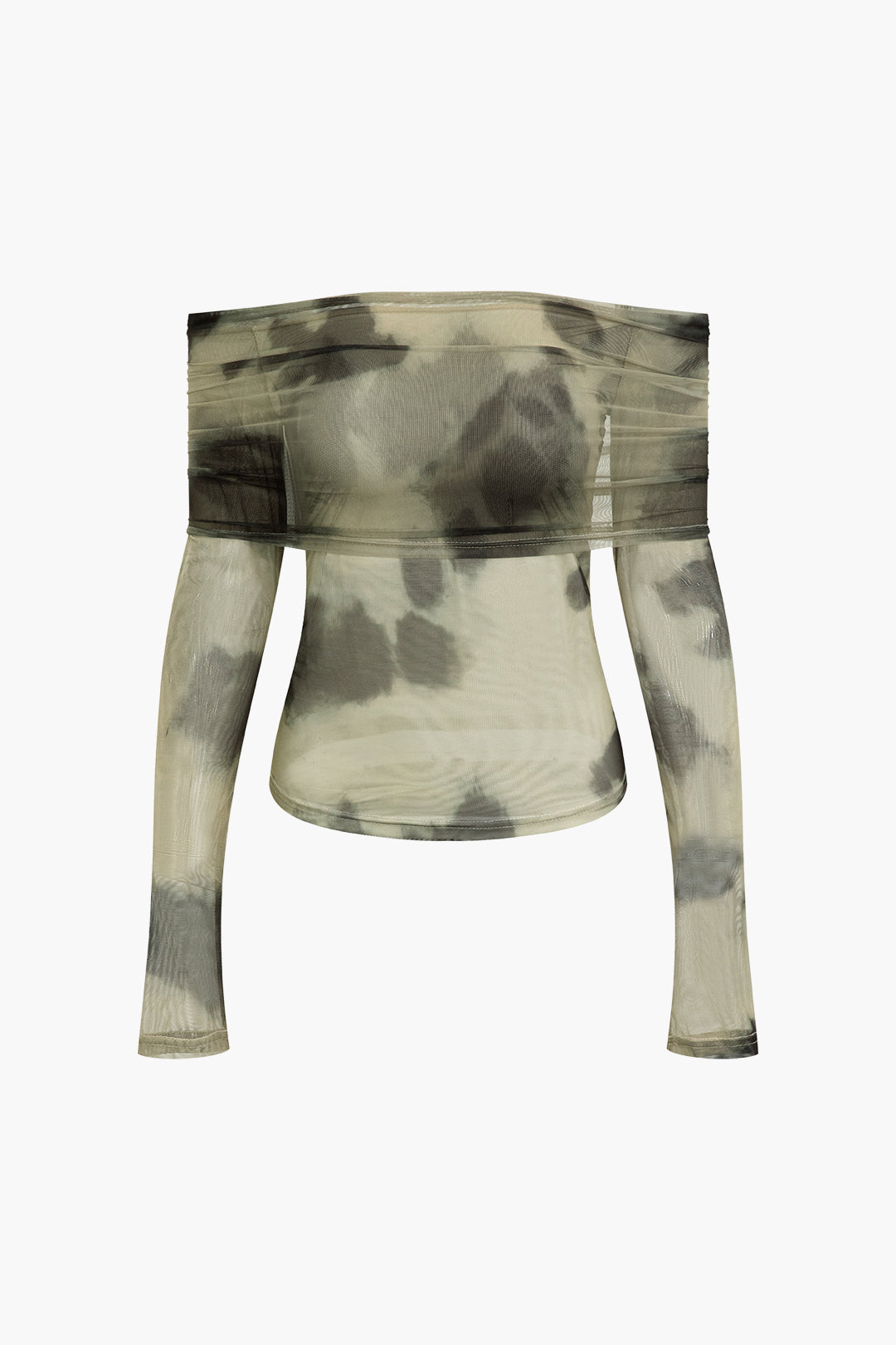 Ağ Dokulu Renk Blok Baskılı Omuzları Açık Uzun Kollu Üst