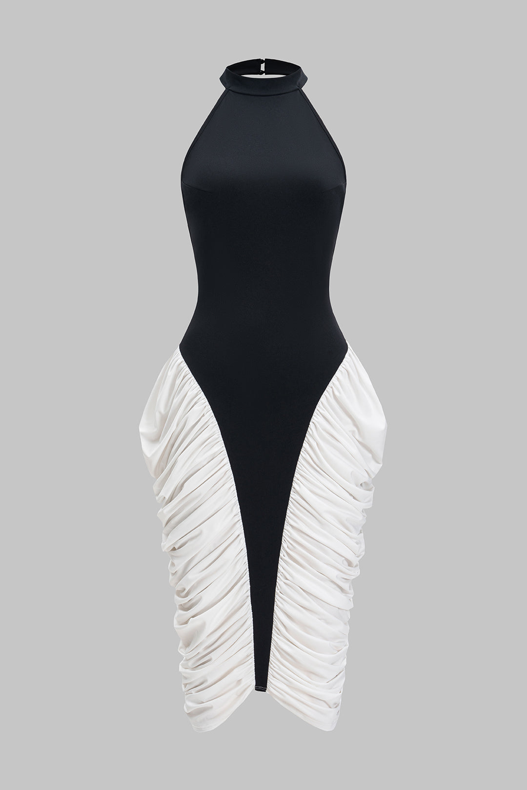 Koyu Siyah Sırtı Açık Büzgülü Halter Elbise