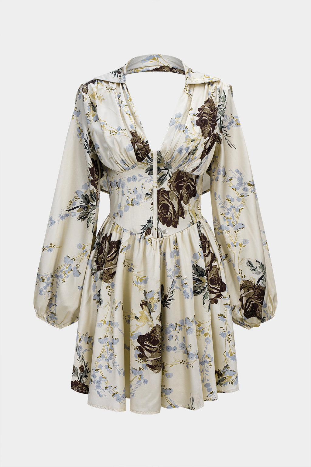 Krem Kusursuz Çiçekli Desenli Saten Büzgülü Elbise