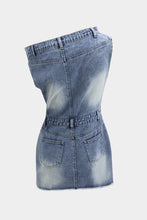 denim asimetrik yaka mini elbise
