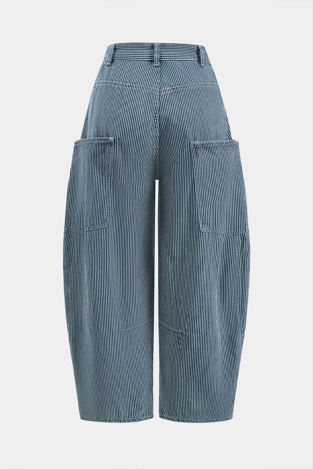 Harf Nakışlı Denim Çizgili Düğme Cep Geniş Paça Fıçı Kot Pantolon