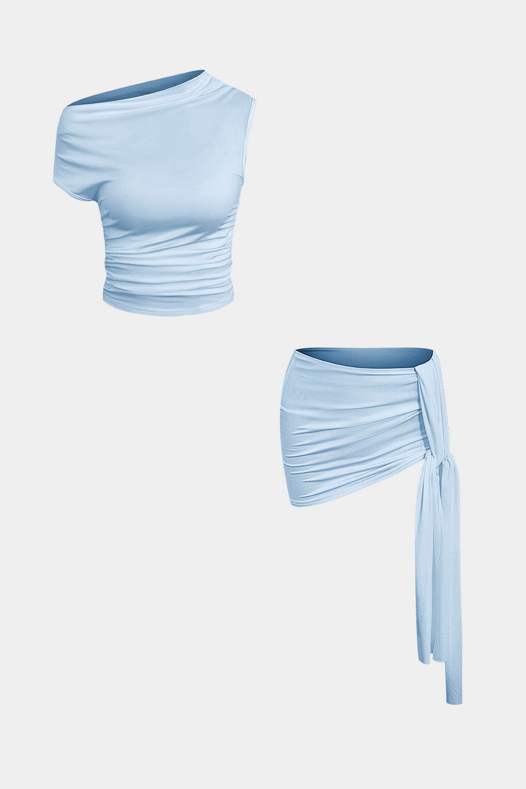 Basic Asimetrik Yırtmaçlı Crop Top Ve Bağlamalı Mini Etek Seti