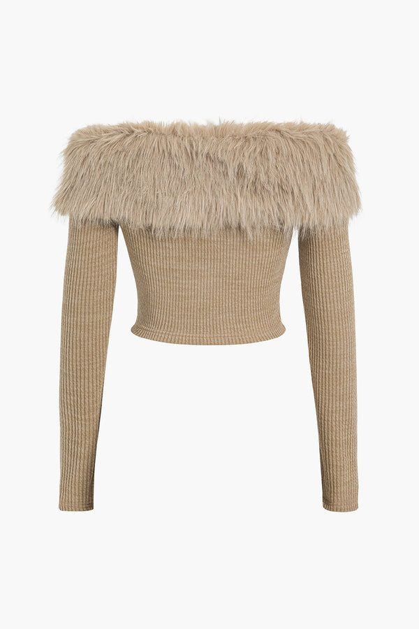 örgü omuz açık sahte kürklü bluz