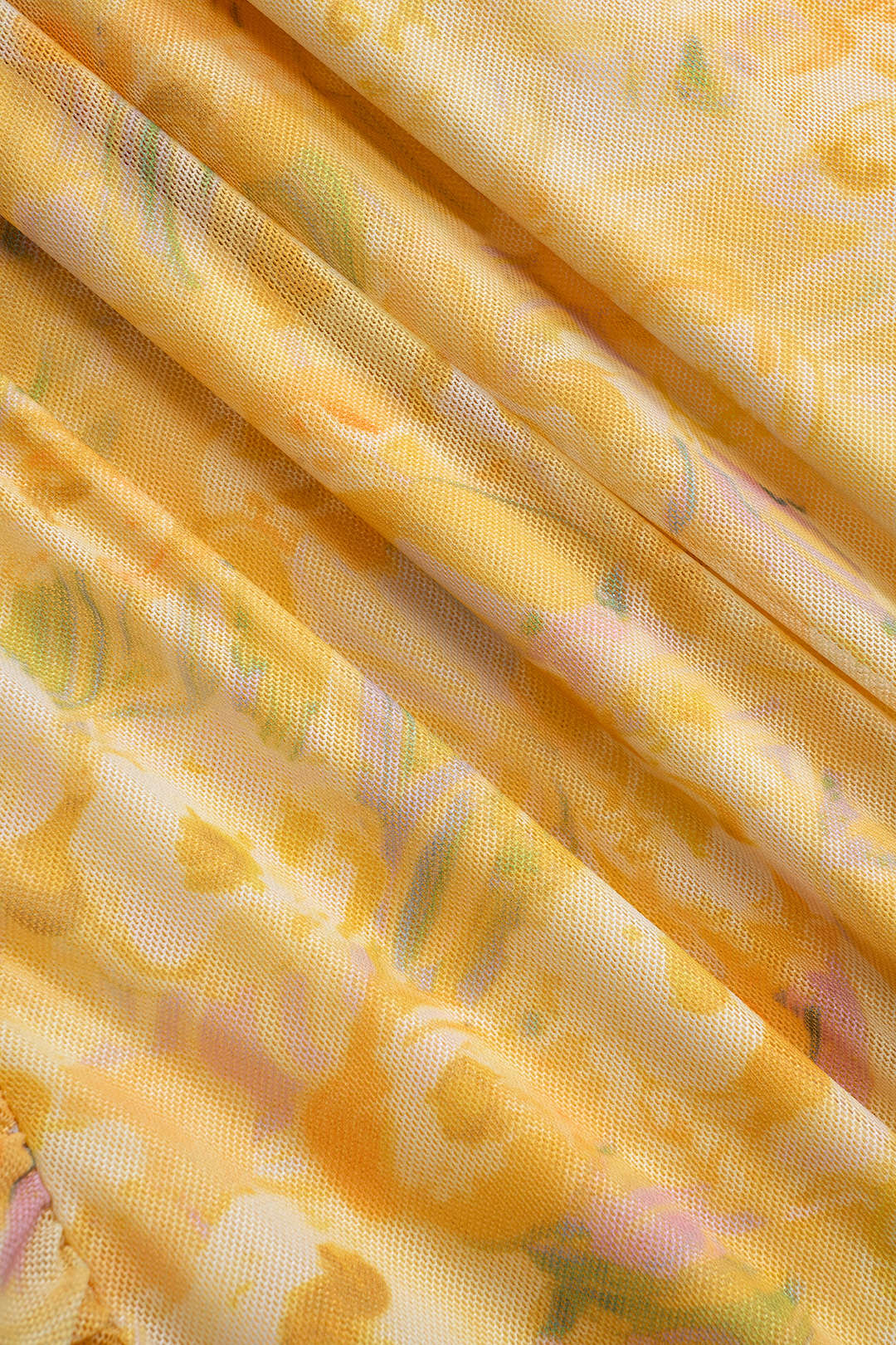 Çiçek Desenli File Ruffle Detaylı V Yaka Kolsuz Mini Elbise