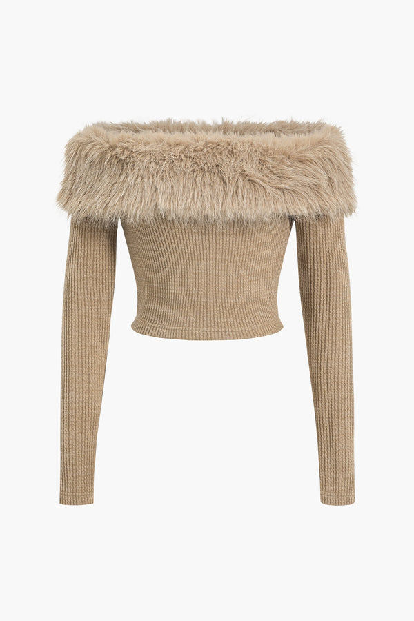 örgü omuz açık sahte kürklü bluz