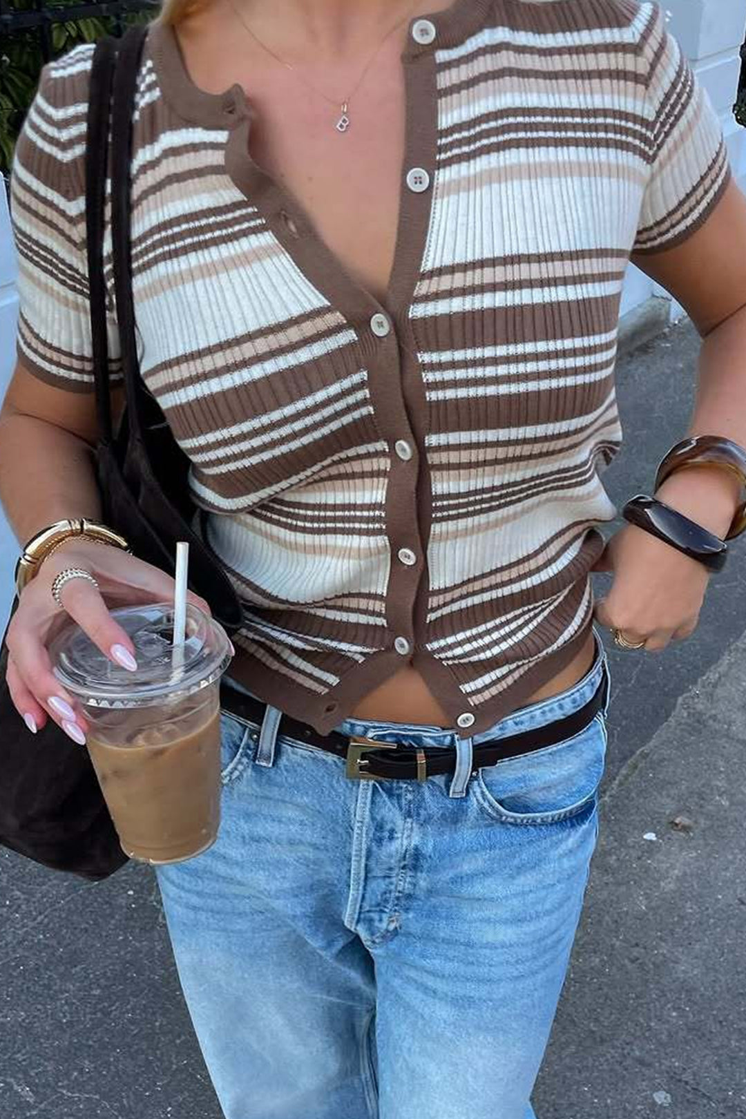 Örgü Kontrast Şeritli Düğmeli Kısa Kollu Kadın Üst Tunik