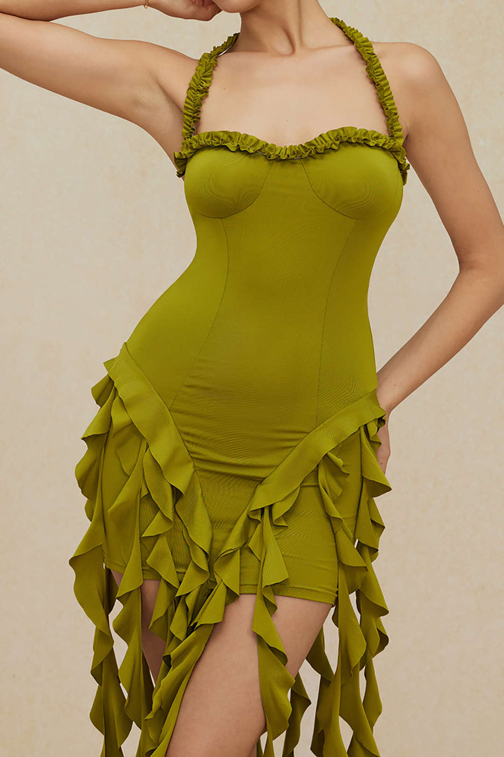 Volanlı Püskül Halter Bustiyer Mini Elbise