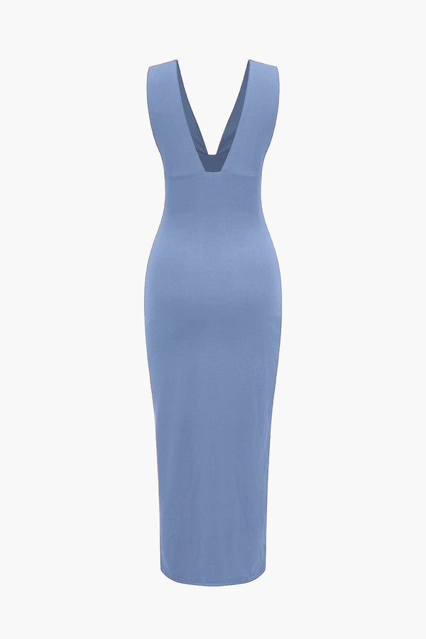 sırtı açık büzgülü yırtmaçlı polyester elbise