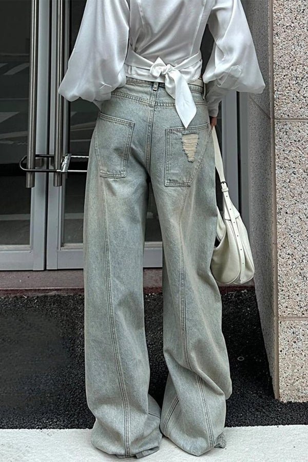 denim yırtık büzgülü barrel pantolon