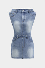 denim asimetrik yaka mini elbise