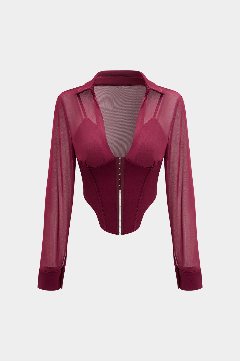 Ağ Dokulu Gözenekli Düğmeli Korseli Uzun Kollu Bluz