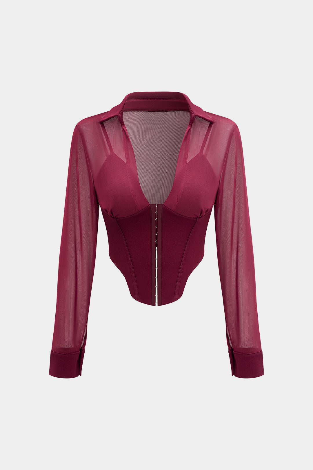 Ağ Dokulu Gözenekli Düğmeli Korseli Uzun Kollu Bluz